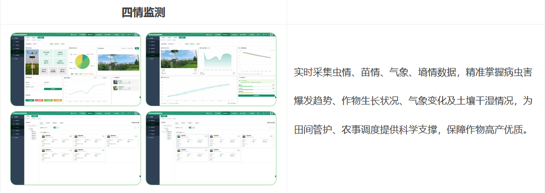 四情監(jiān)測(cè)：實(shí)時(shí)采集蟲情、苗情、氣象、墑情數(shù)據(jù)，精準(zhǔn)掌握病蟲害爆發(fā)趨勢(shì)、作物生長(zhǎng)狀況、氣象變化及土壤干濕情況，為田間管護(hù)、農(nóng)事調(diào)度提供科學(xué)支撐，保障作物高產(chǎn)優(yōu)質(zhì)。